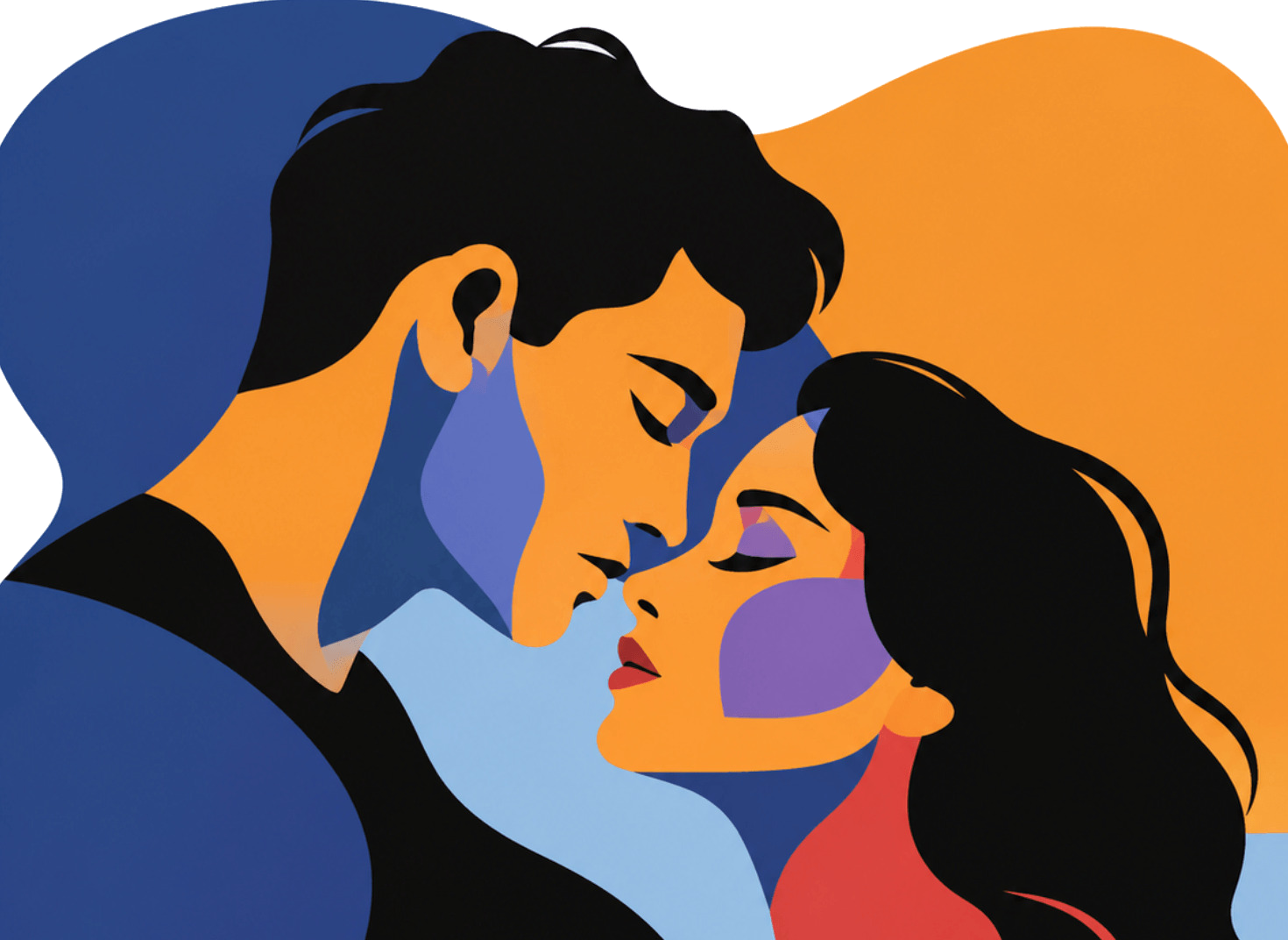 Two people leaning in close, eyes closed, rendered as flat interlocking shapes in Bloom's navy, orange and purple.